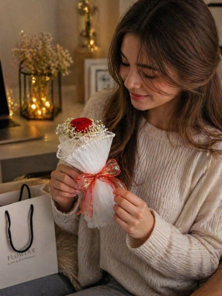 باقة ورد قماش تول أبيض